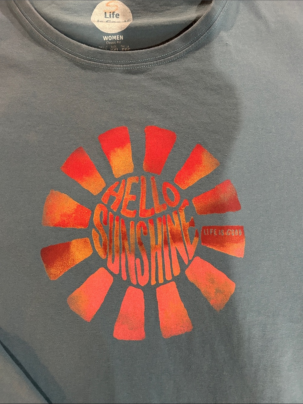 Life Is Good Blue Tee with Orange and Red Sun Graphic